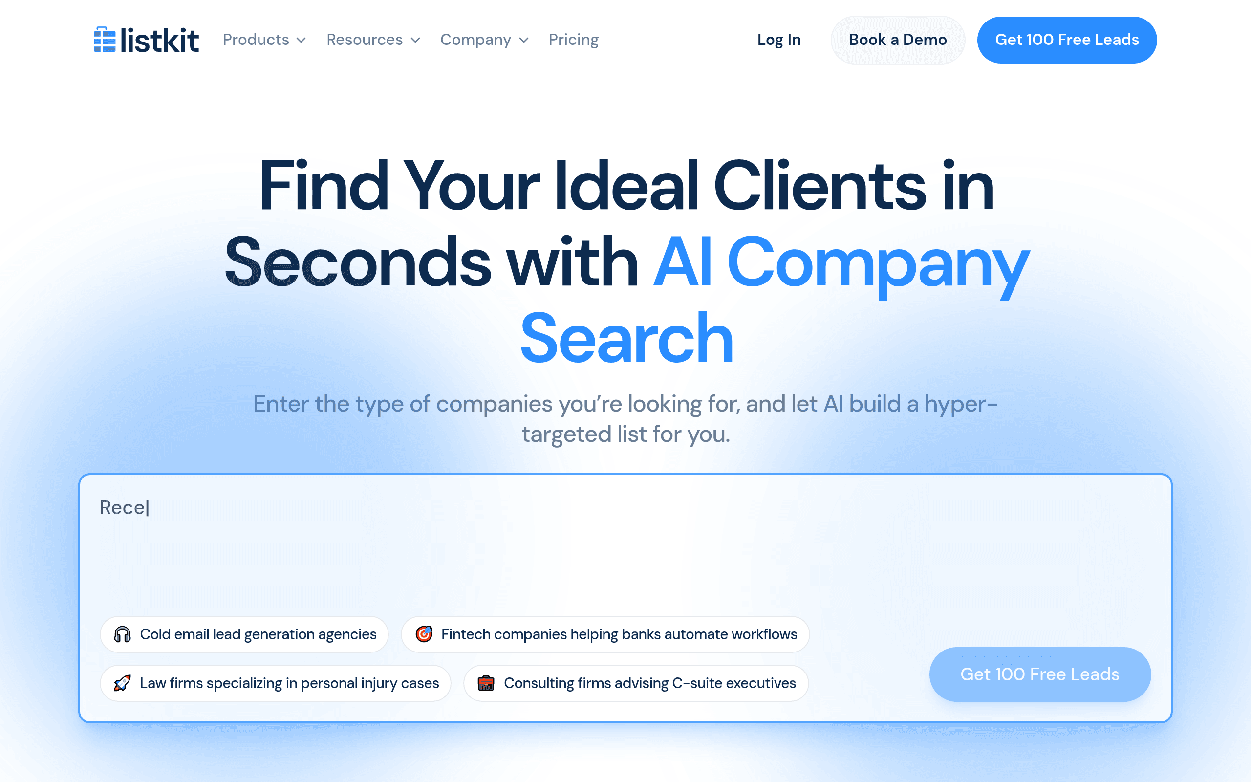 ListKit.io B2B lead generation platform with triple-verified contacts and intent-based search filters