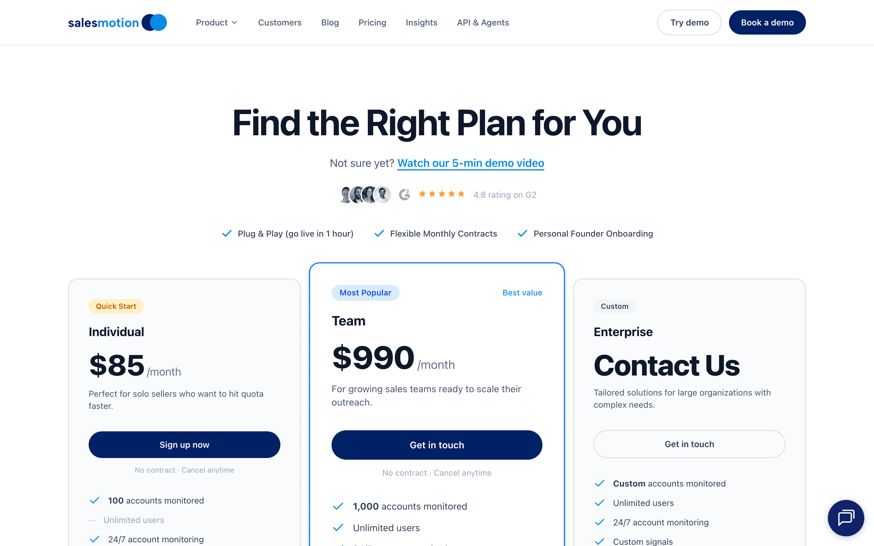 Salesmotion pricing plans showing Individual at $85/month, custom Team pricing with unlimited users, and custom Enterprise plans