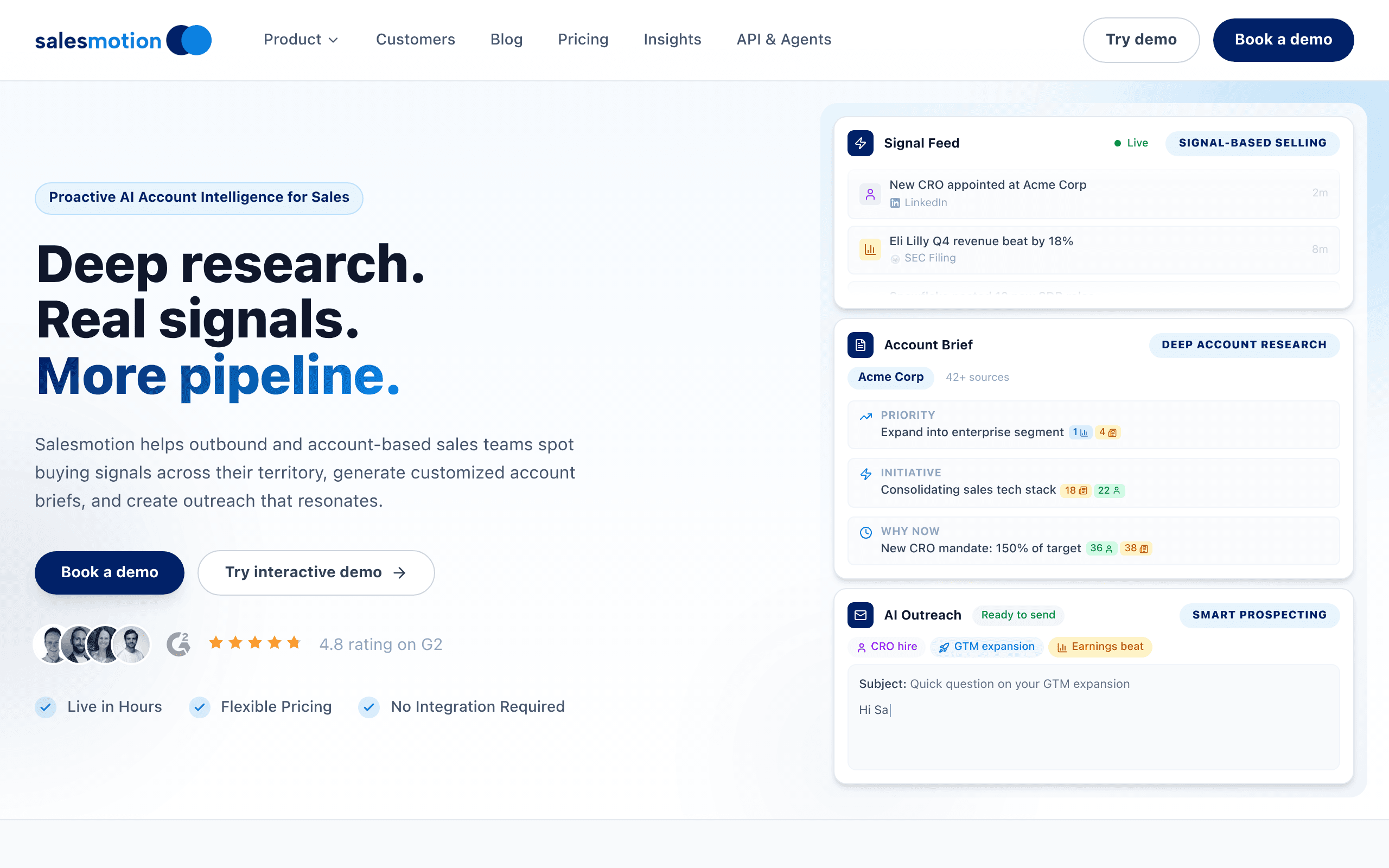 Salesmotion homepage describing deep research, real signals, and more pipeline