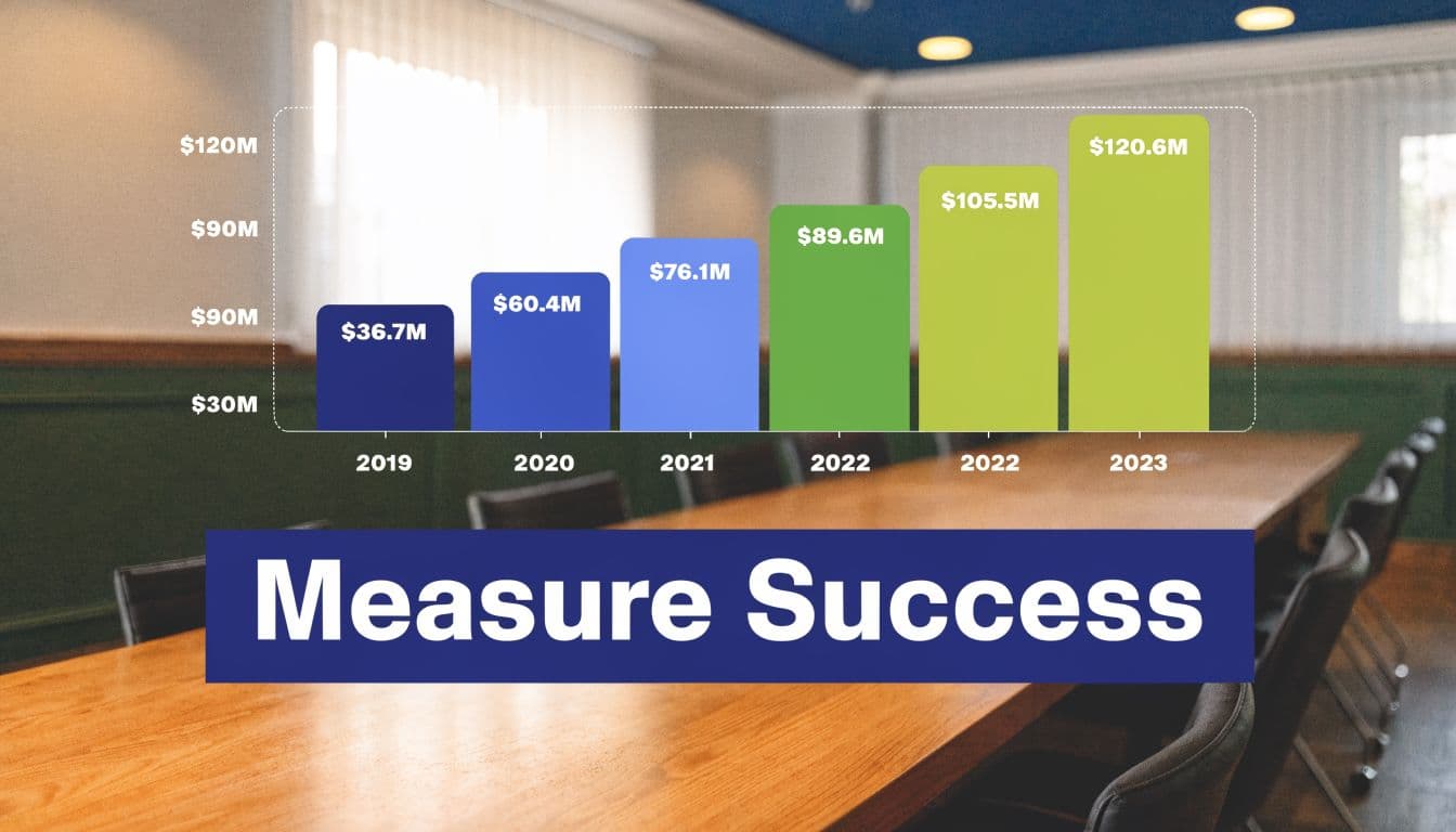A bar chart representing annual financial growth from 2019 to 2023 with the text Measure Success.