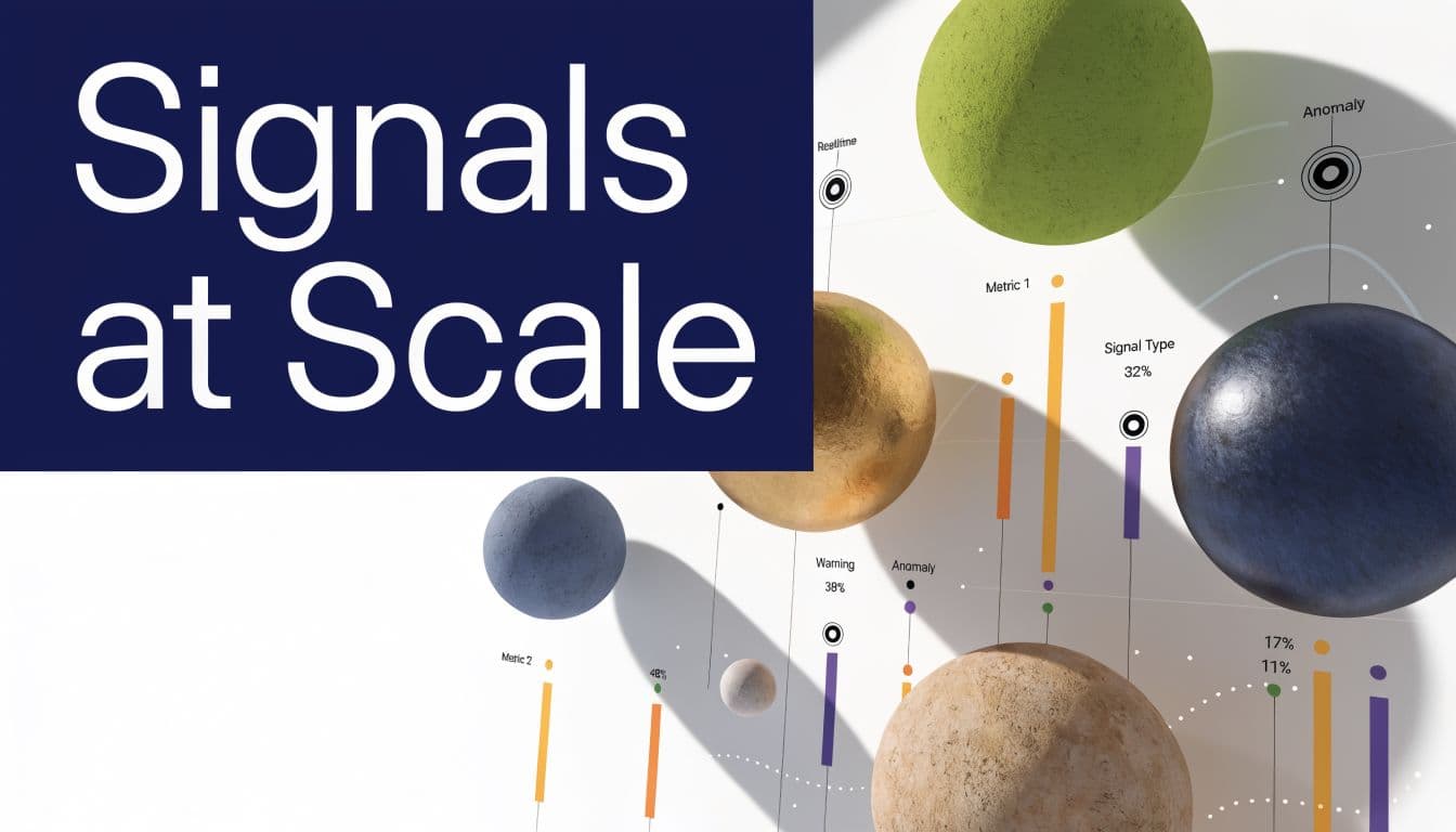 A 3D abstract visualization of data points, charts, and colorful spheres representing digital signals at scale.