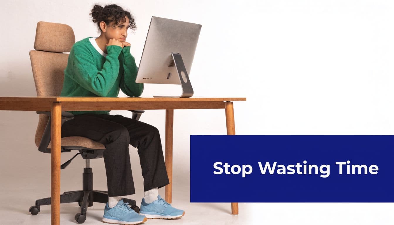 A person sitting at a desk looking unmotivated at a computer screen with text stating Stop Wasting Time.