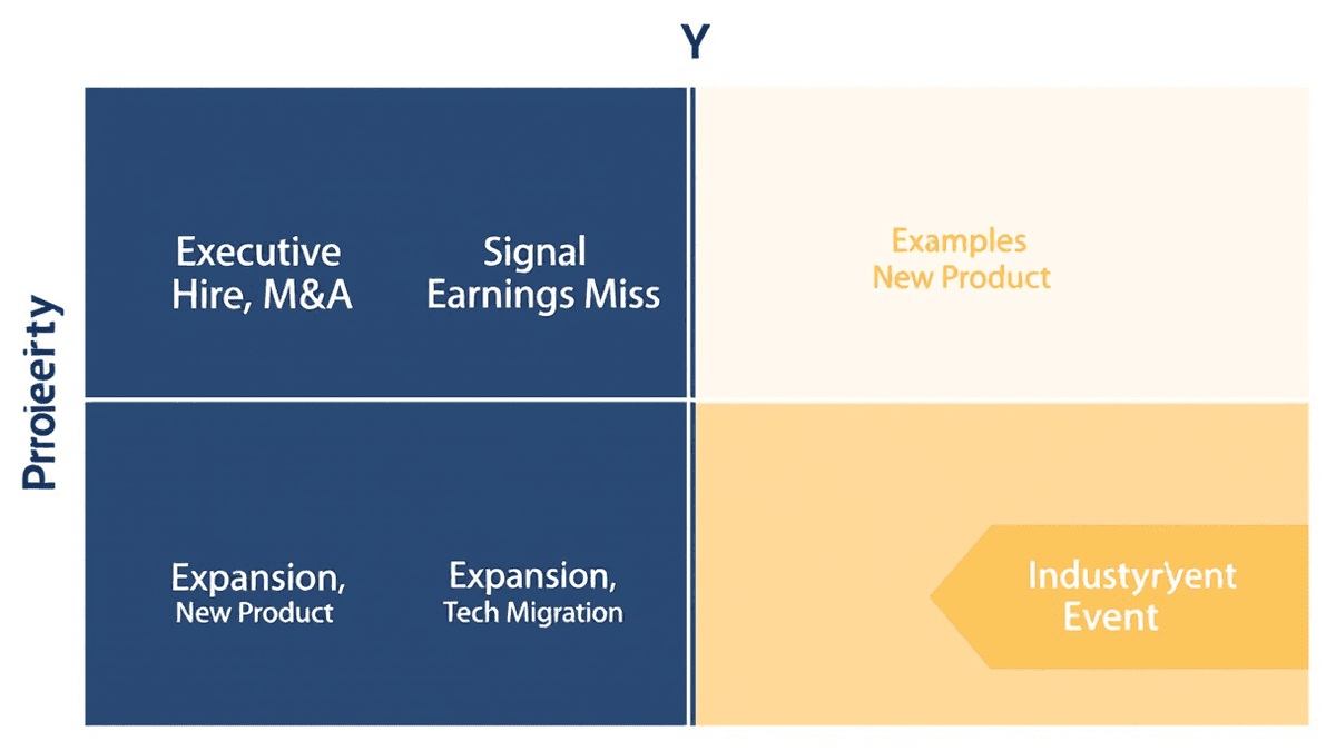 Priority matrix for buying triggers with Urgency on the Y-axis and Signal Strength on the X-axis, showing Executive Hire and M&A as highest priority in the top-right quadrant