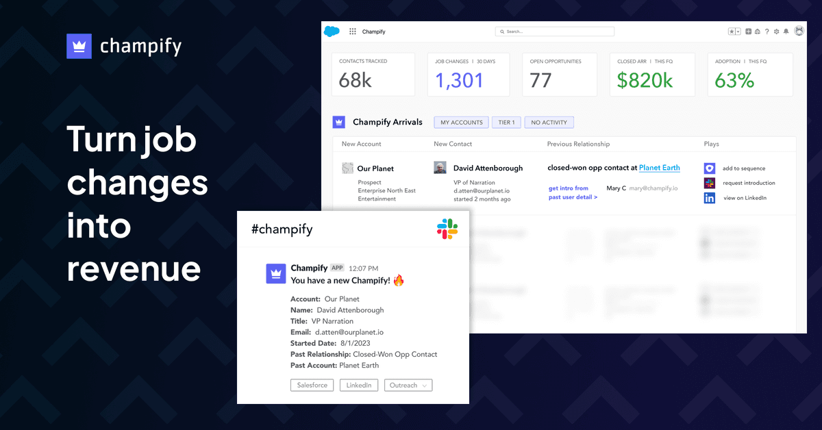 Champify dashboard showing job change tracking with warm lead records and revenue attribution