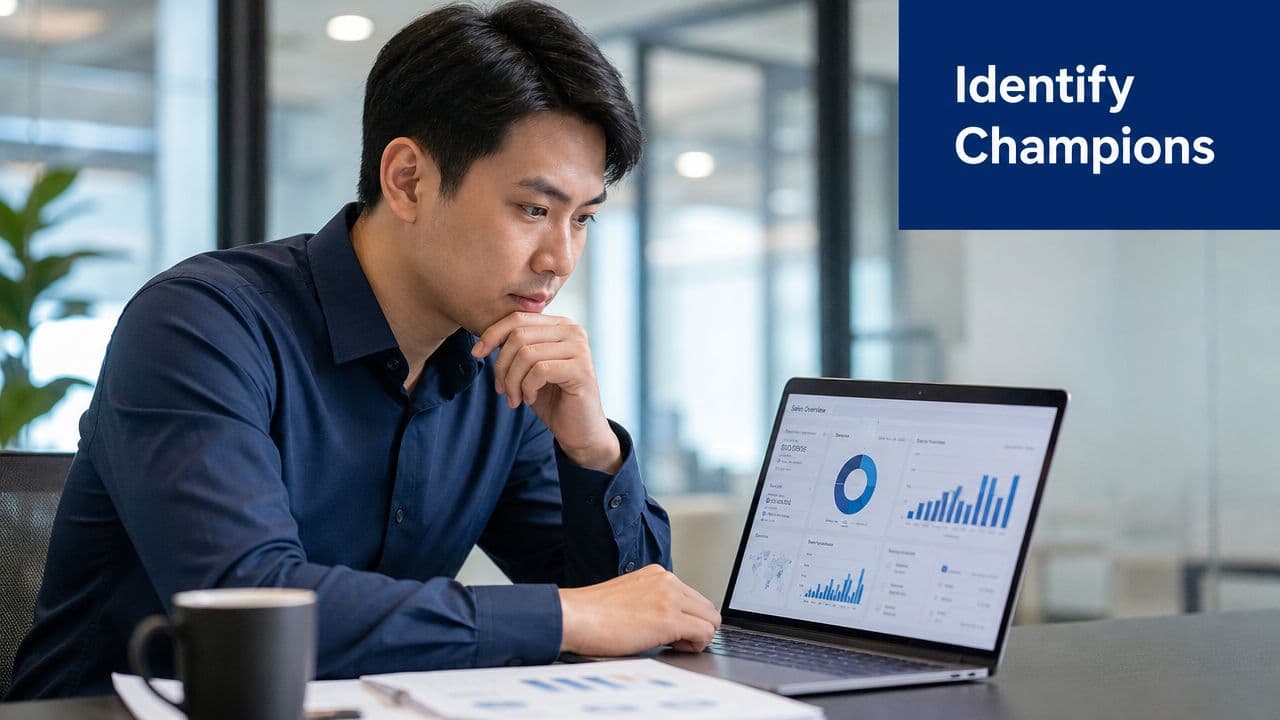 A professional man analyzing sales data charts on a laptop screen while working in an office.