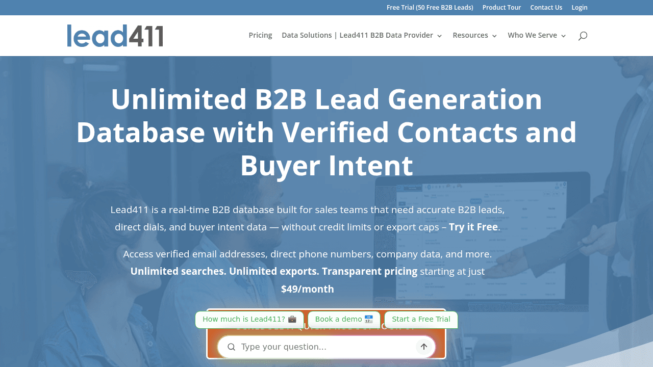Lead411 platform showing verified contacts with growth intent signals and technology tracking