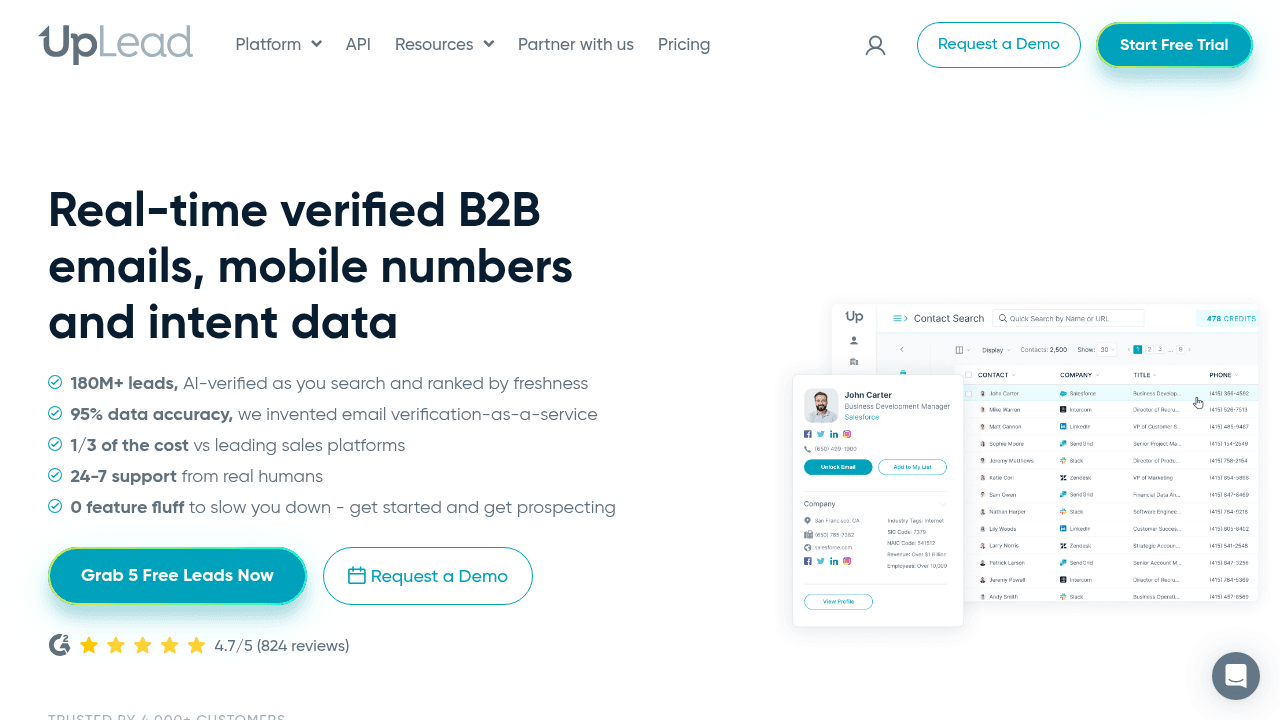 UpLead contact database showing real-time email verification and search filters