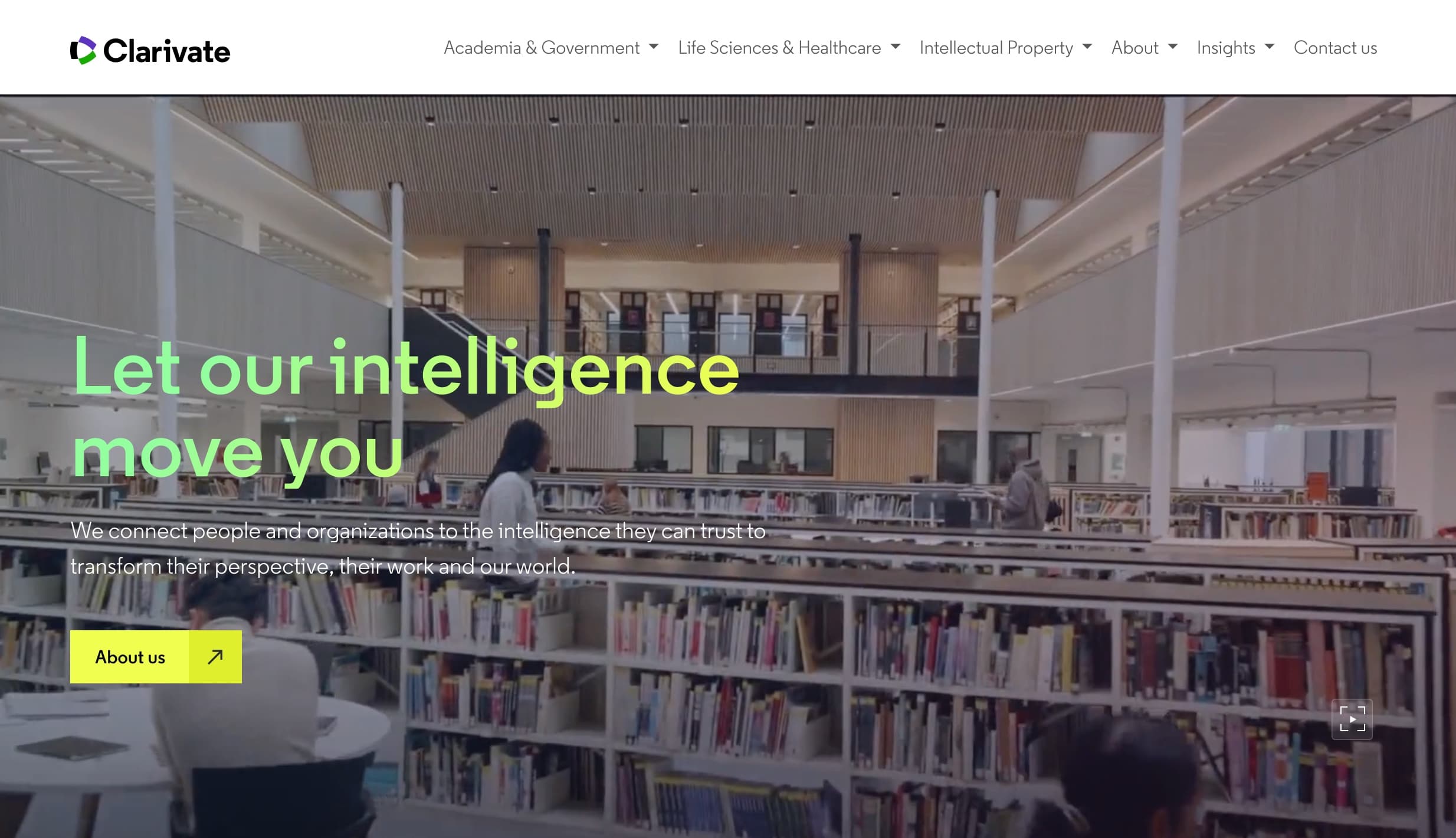 Clarivate homepage showing their three business segments: Academia & Government, Life Sciences & Healthcare, and Intellectual Property