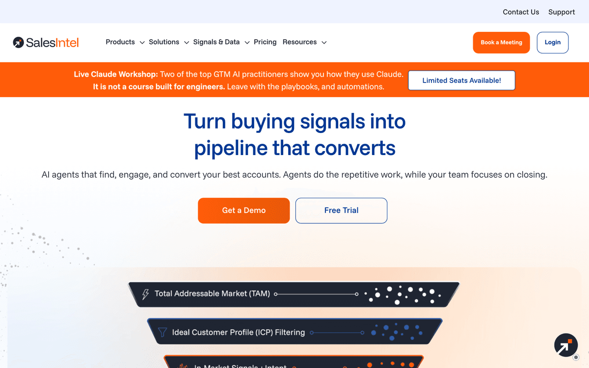 SalesIntel homepage showing its buying signals and AI agent positioning for pipeline generation