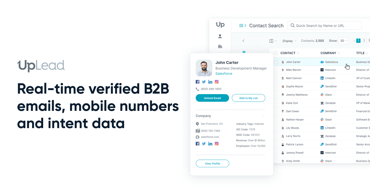 UpLead contact database showing real-time email verification and contact search filters