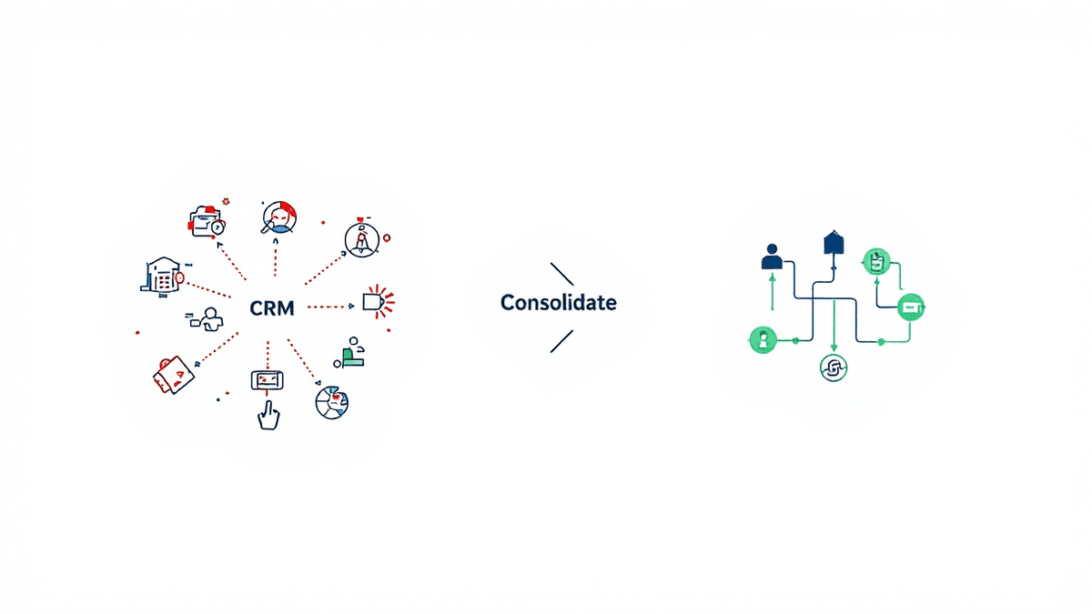 Infographic showing five disconnected sales tools with chaotic red connections consolidating into one unified platform with clean green connections