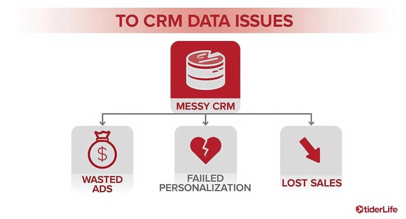 Diagram showing how poor CRM data leads to wasted ad spend, failed personalization, and lost sales
