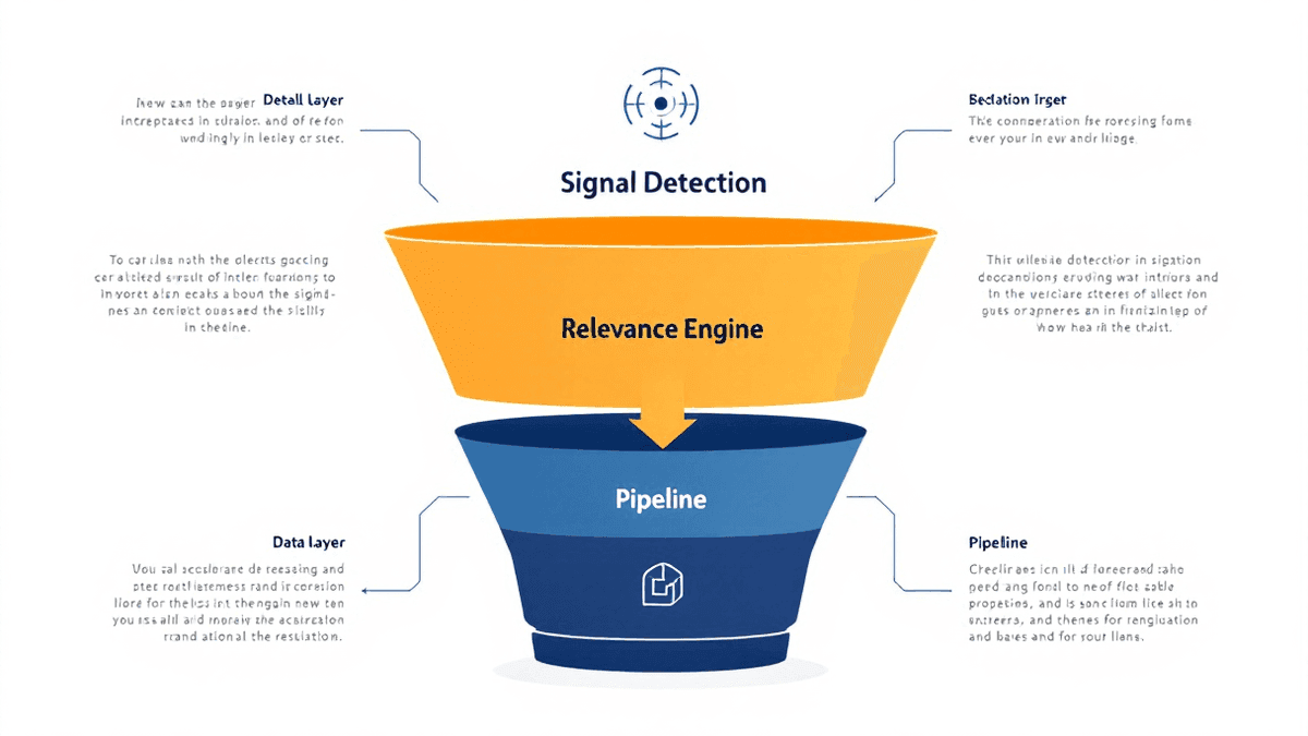 Infographic showing a three-layer demand gen funnel: Signal Detection at the top, Relevance Engine in the middle, and Pipeline at the bottom