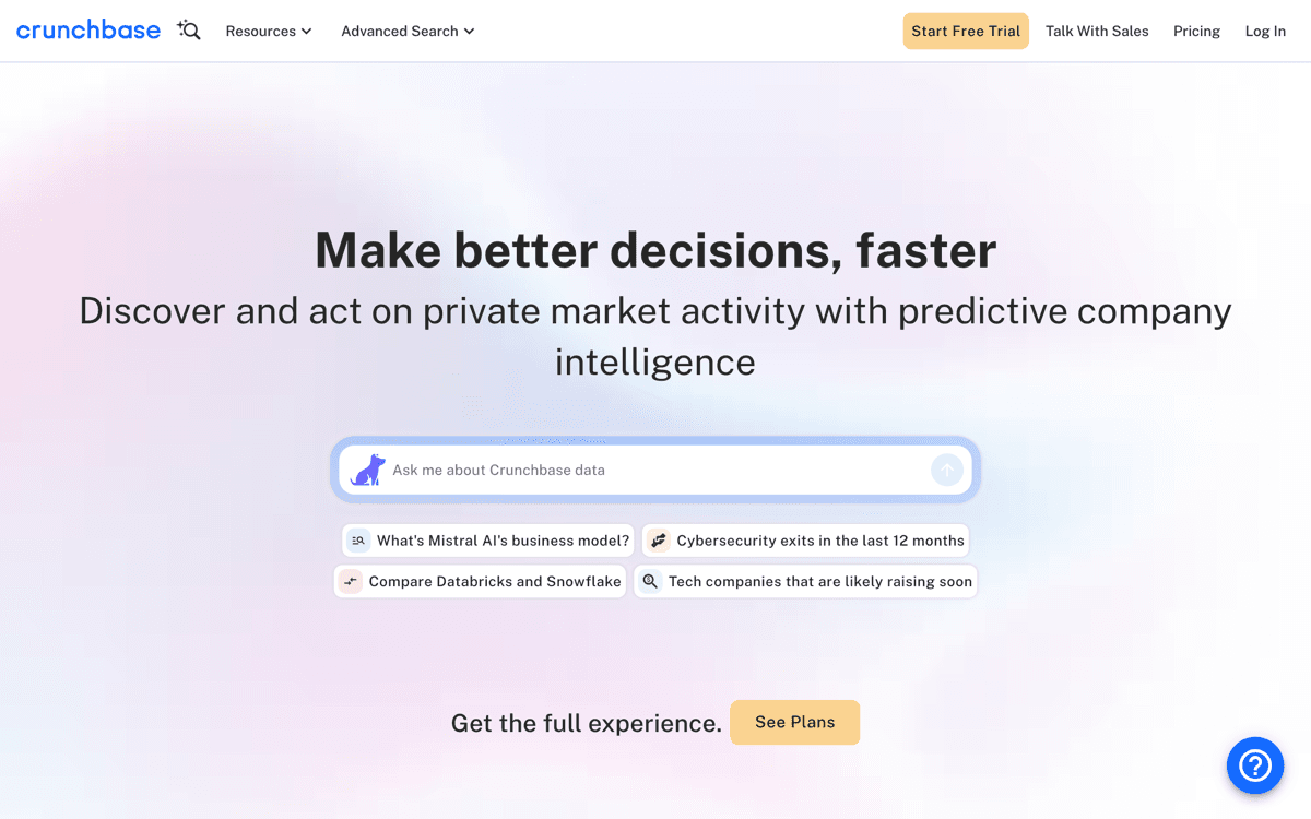 Crunchbase company intelligence platform showing funding history and investor relationships