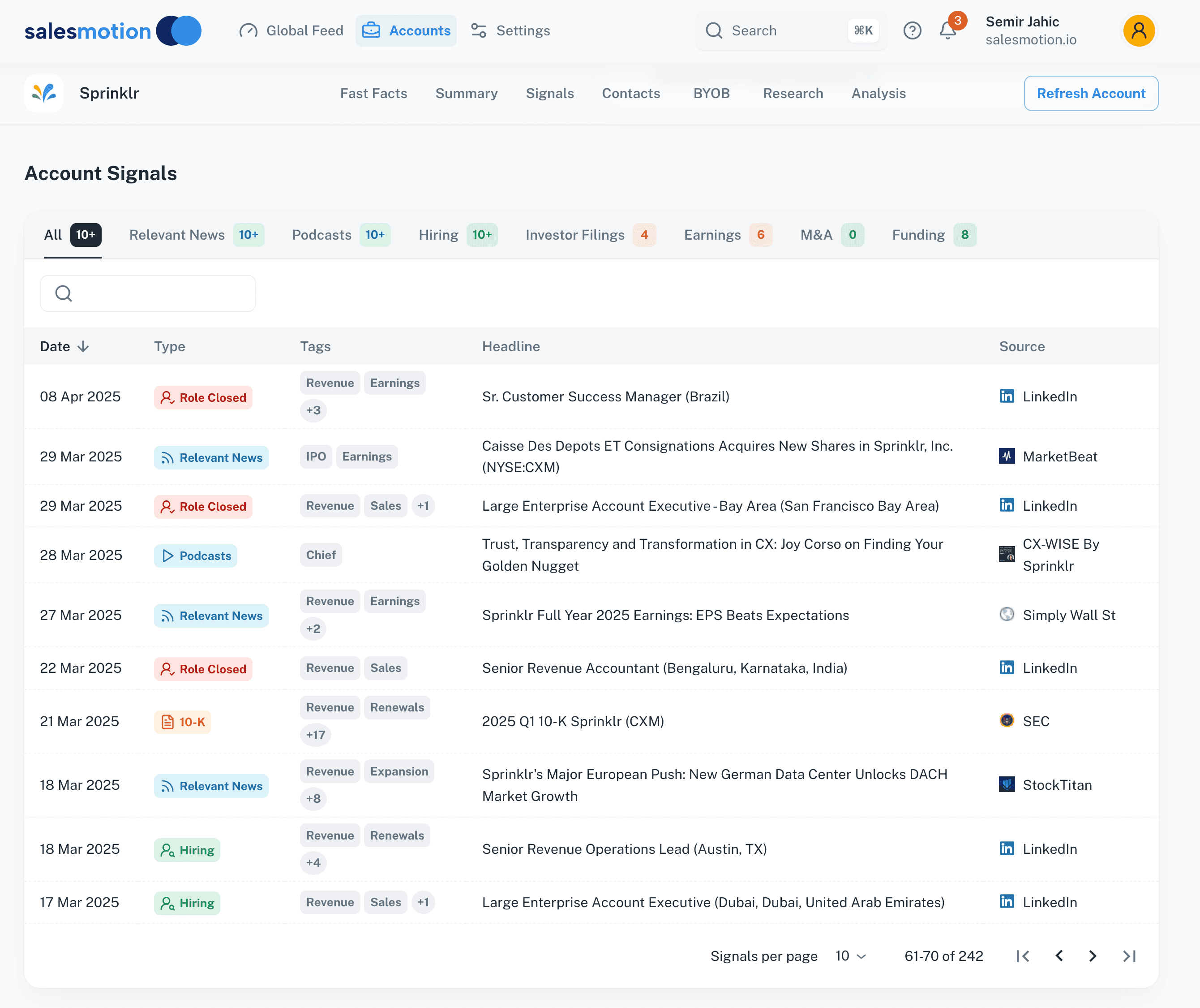 Salesmotion account intelligence dashboard showing automated research and signal monitoring
