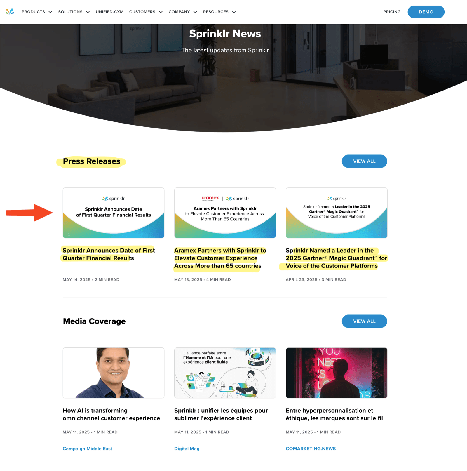 Sprinklr company website showing leadership, partnerships, and strategic information