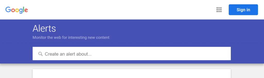 Google Alerts setup page for monitoring company news and industry updates