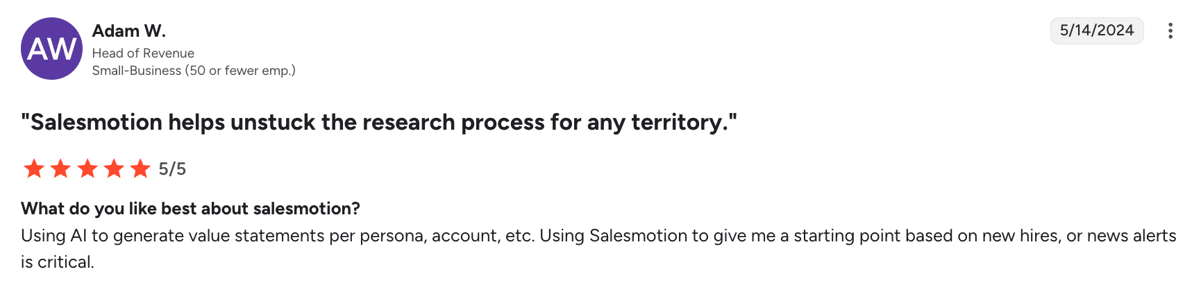 G2 review highlighting time savings and signal value from sales intelligence