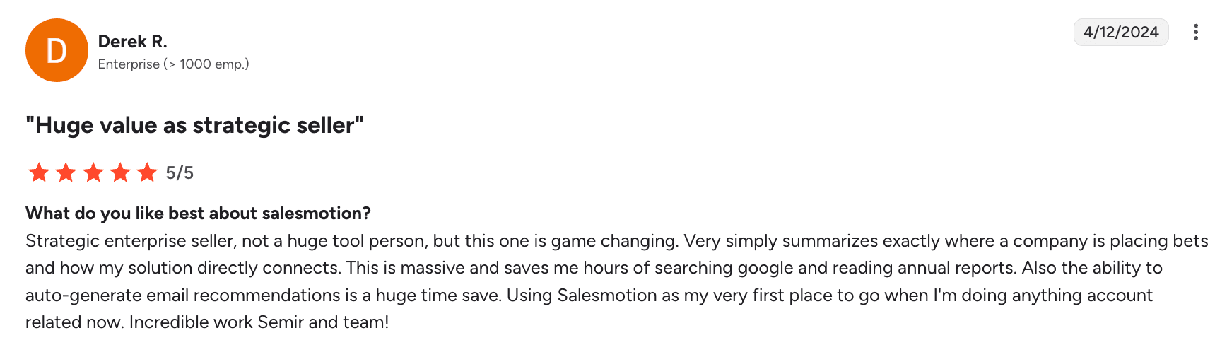G2 review from Derek R., Enterprise Strategic Seller — detailed review of Salesmotion for account research