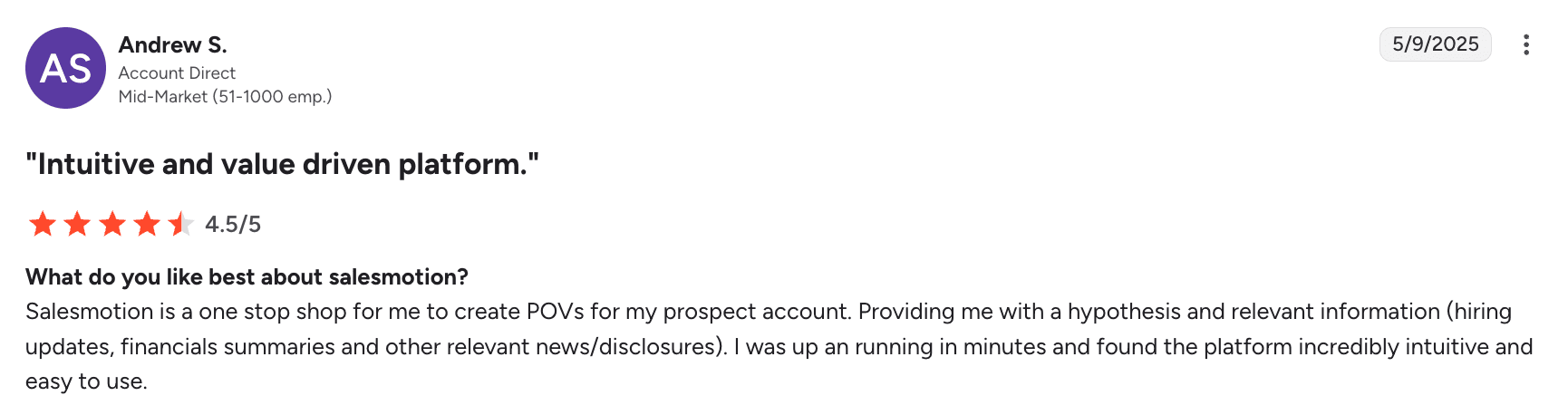 G2 review from Lauren F., Growth AE — "Great for account planning"
