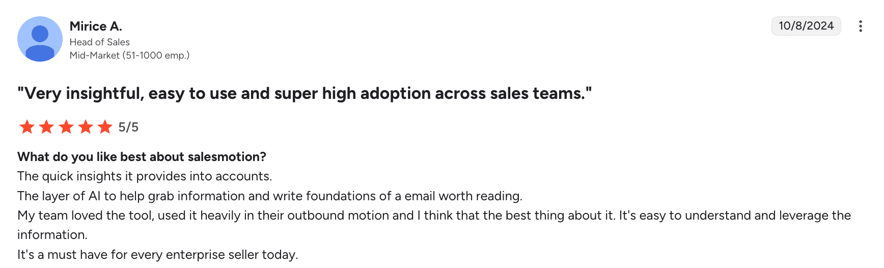 G2 review from Matthew H., Enterprise Account Executive DACH, rating Salesmotion 5 out of 5 as a sales productivity force multiplier