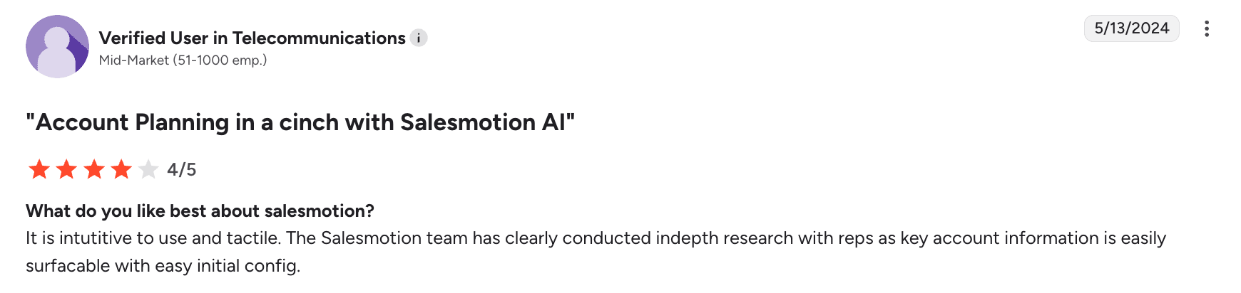 G2 review from Mirice A., Head of Sales, rating Salesmotion 5 out of 5 stars for high adoption across sales teams