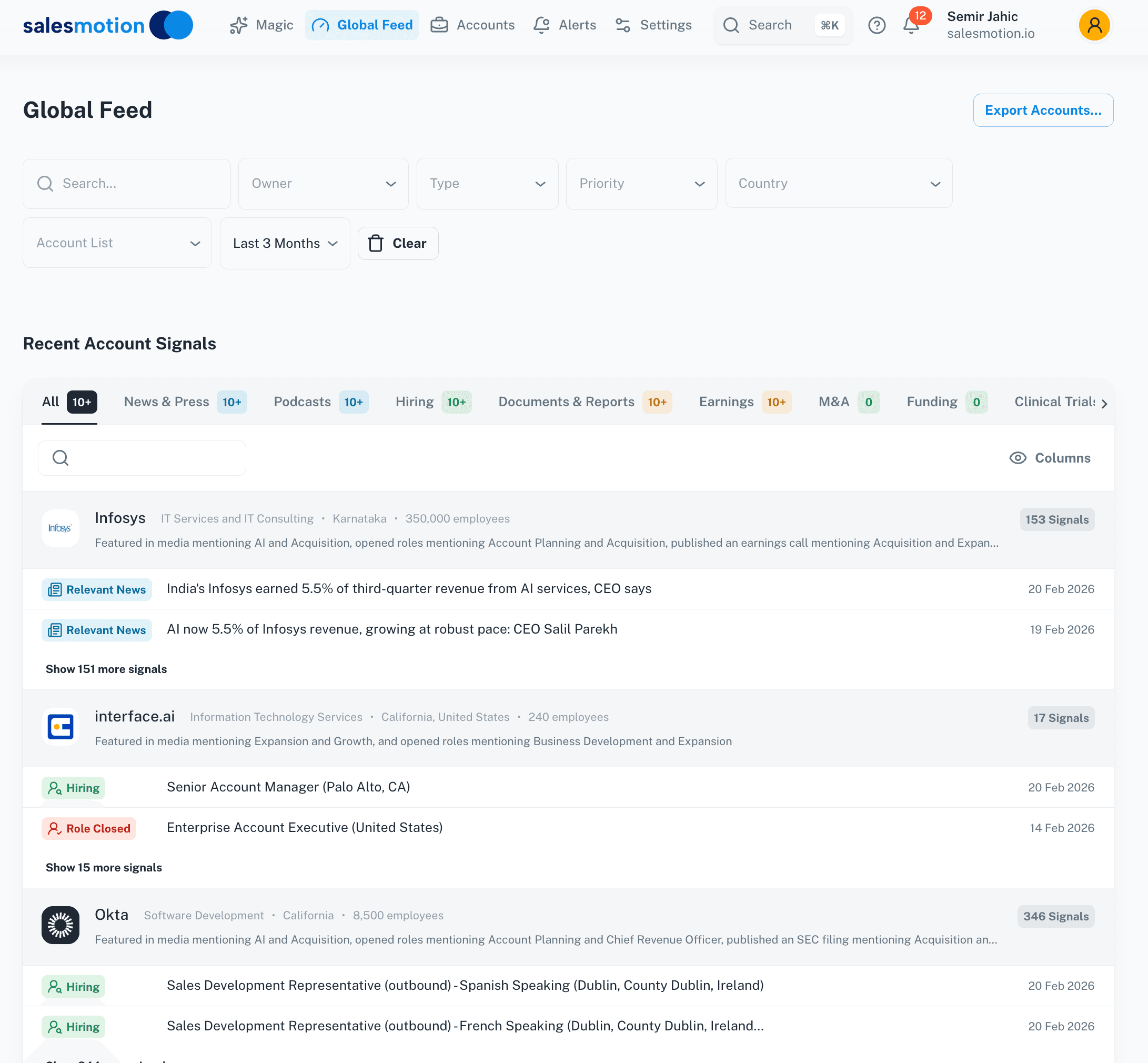 Account intelligence signal feed filtered to leadership changes and earnings commentary