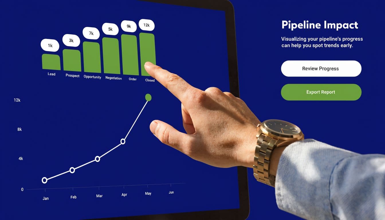 A hand pointing at a business pipeline dashboard on a screen showing data visualization and performance metrics.