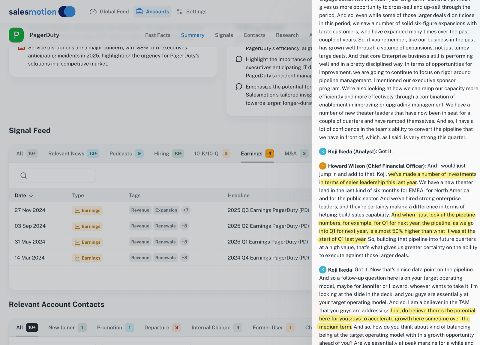 PagerDuty earnings call excerpt showing CFO insights on pipeline growth and sales leadership