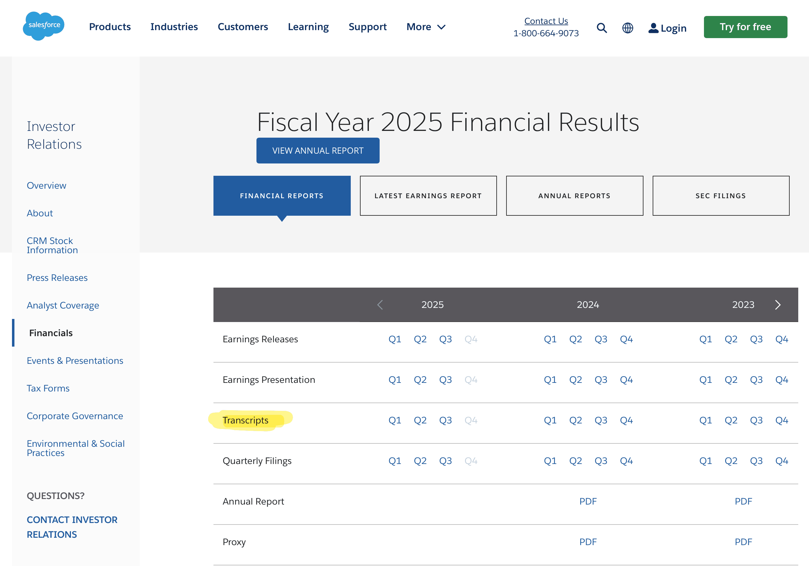 Salesforce Investor Relations page showing where to find earnings call transcripts