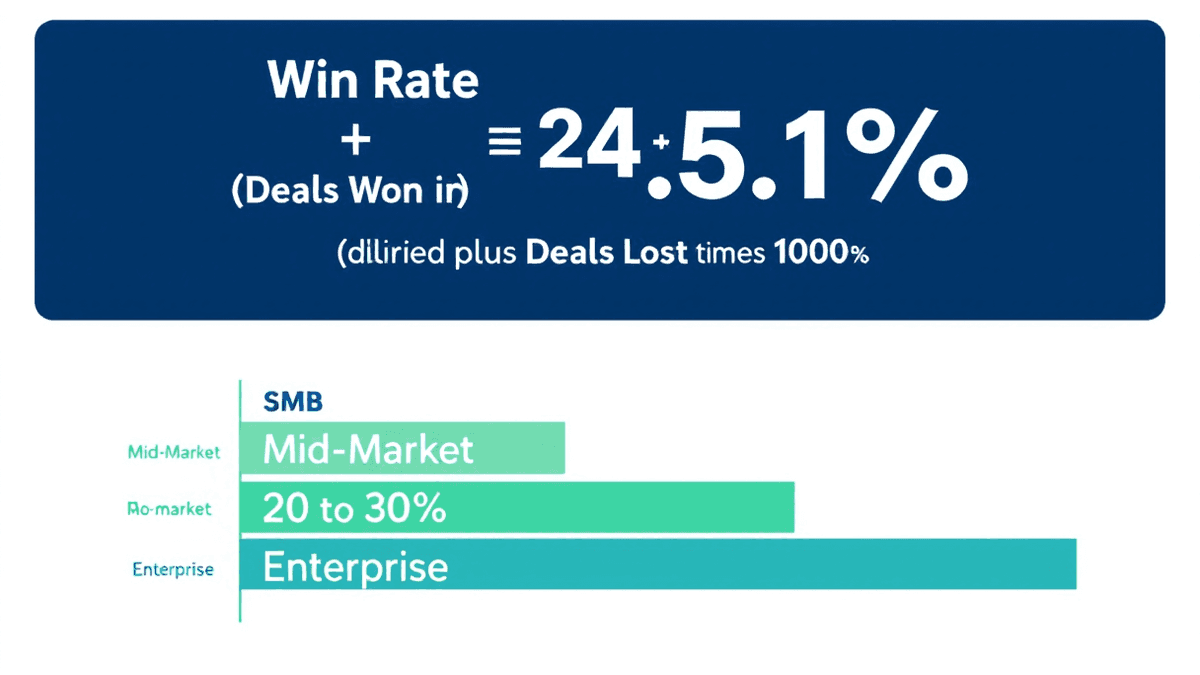Infographic showing the win rate formula (Won divided by Won plus Lost times 100%) with benchmark bars for SMB, Mid-Market, and Enterprise segments