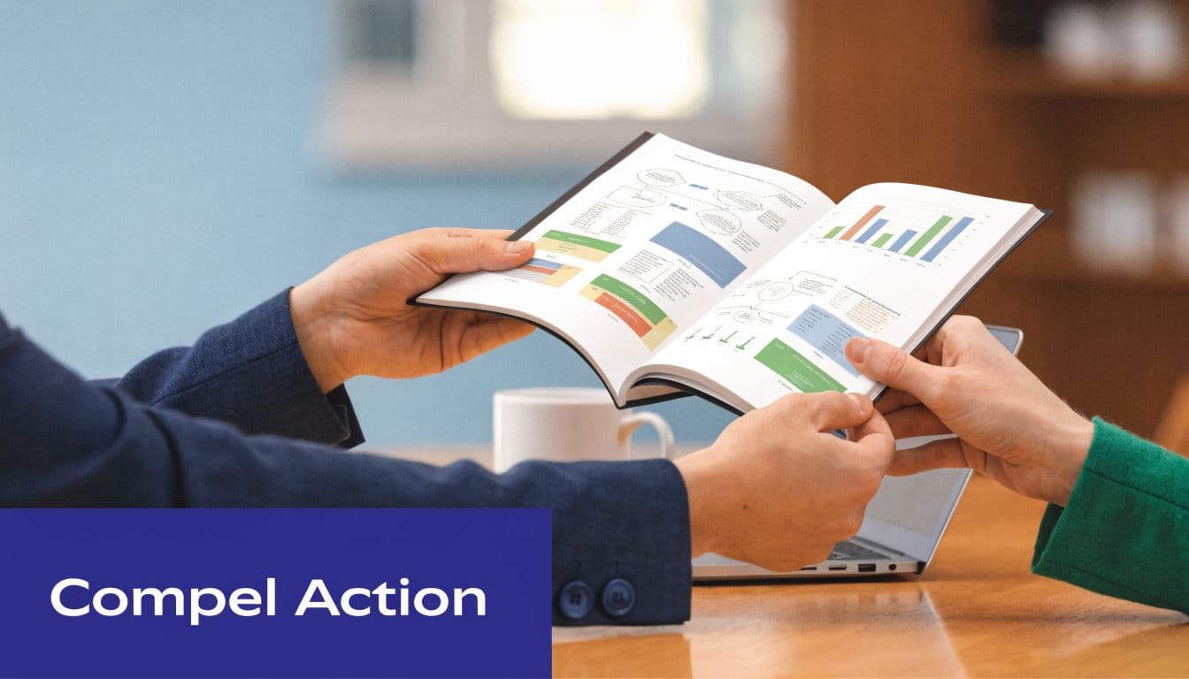 A professional business meeting where two individuals review data and charts in an open report folder.