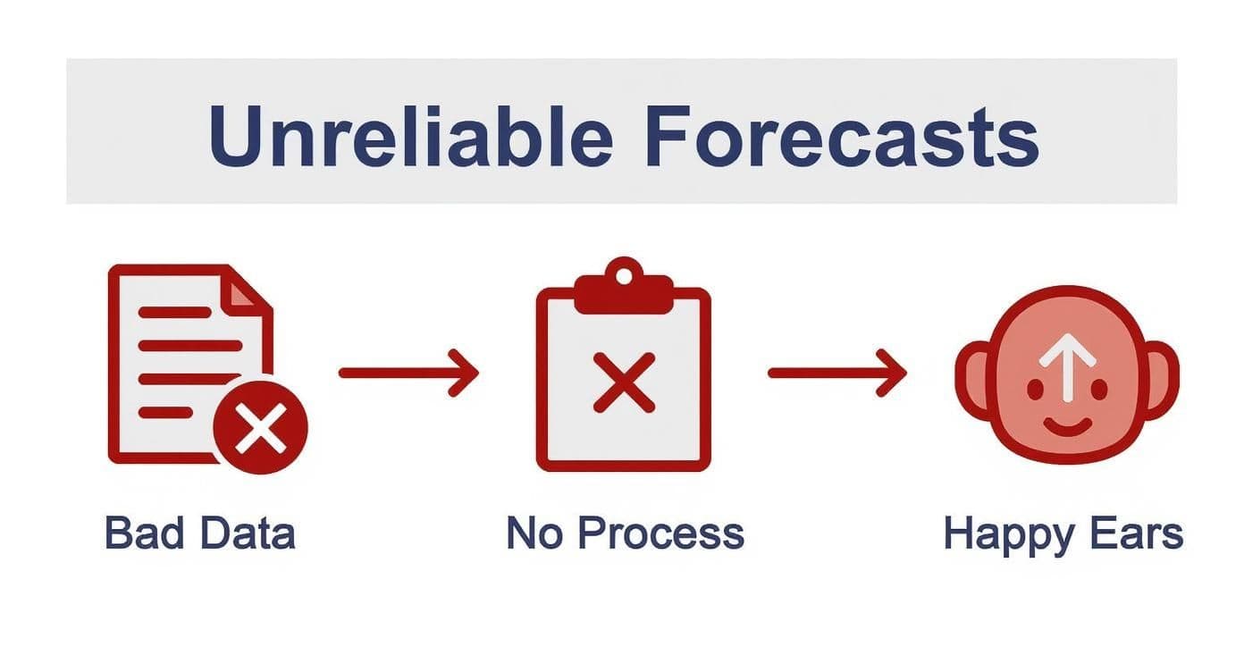 Diagram of three common forecast killers: bad data, missing process steps, and overly optimistic assessments
