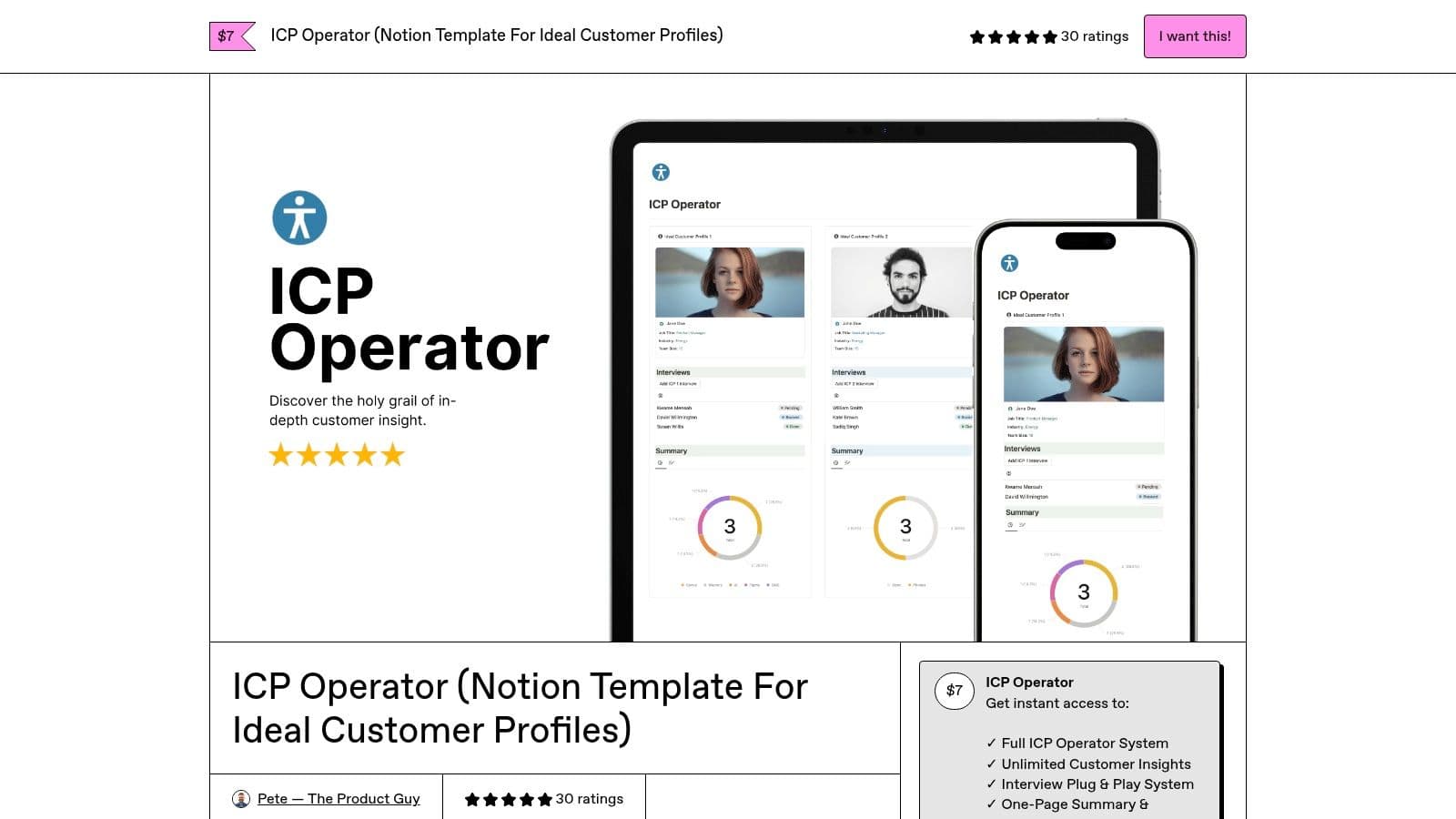 Notion Template Marketplace showing an ideal customer profile template