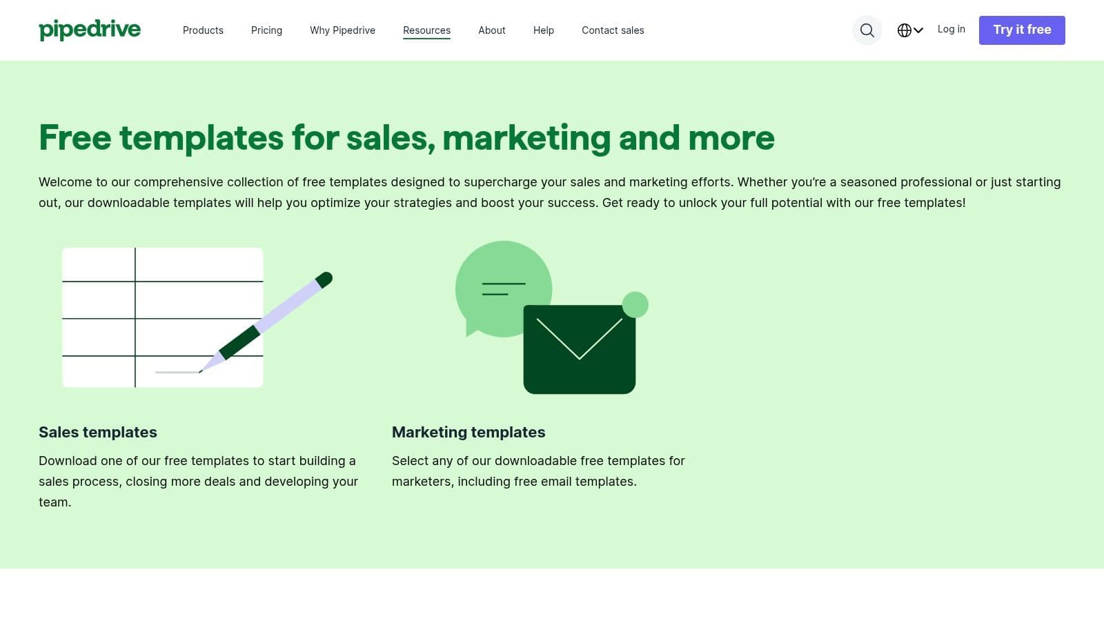 Pipedrive's free templates page featuring the ICP resource