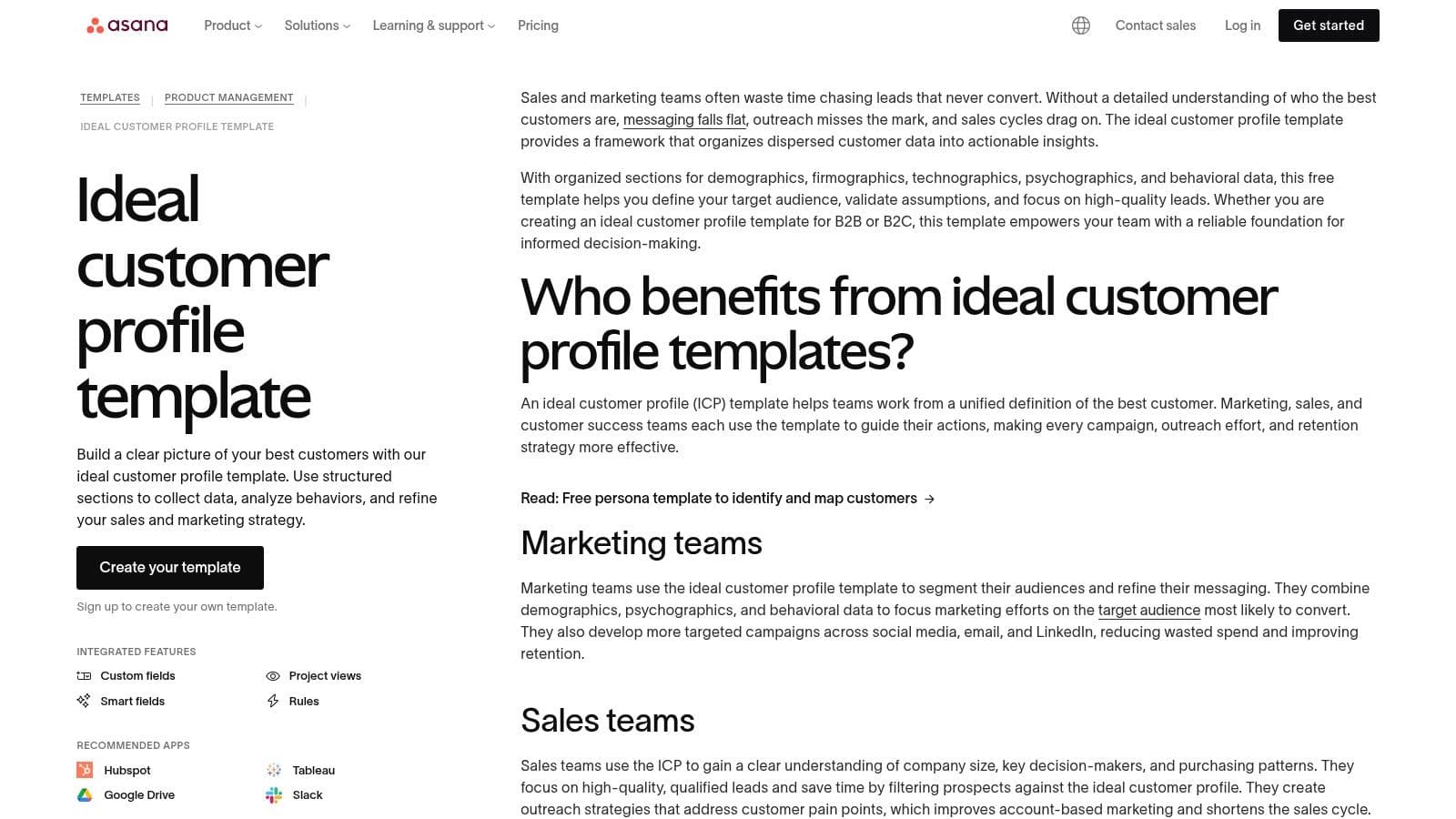 Asana's ideal customer profile template showing project tasks and sections