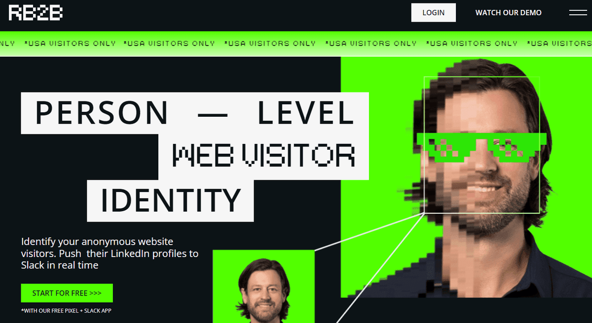 RB2B homepage explaining person-level website visitor identity with LinkedIn profiles pushed to Slack in real time, US visitors only