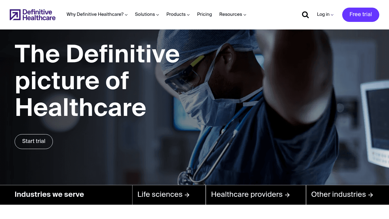 Definitive Healthcare platform showing provider analytics and healthcare market intelligence