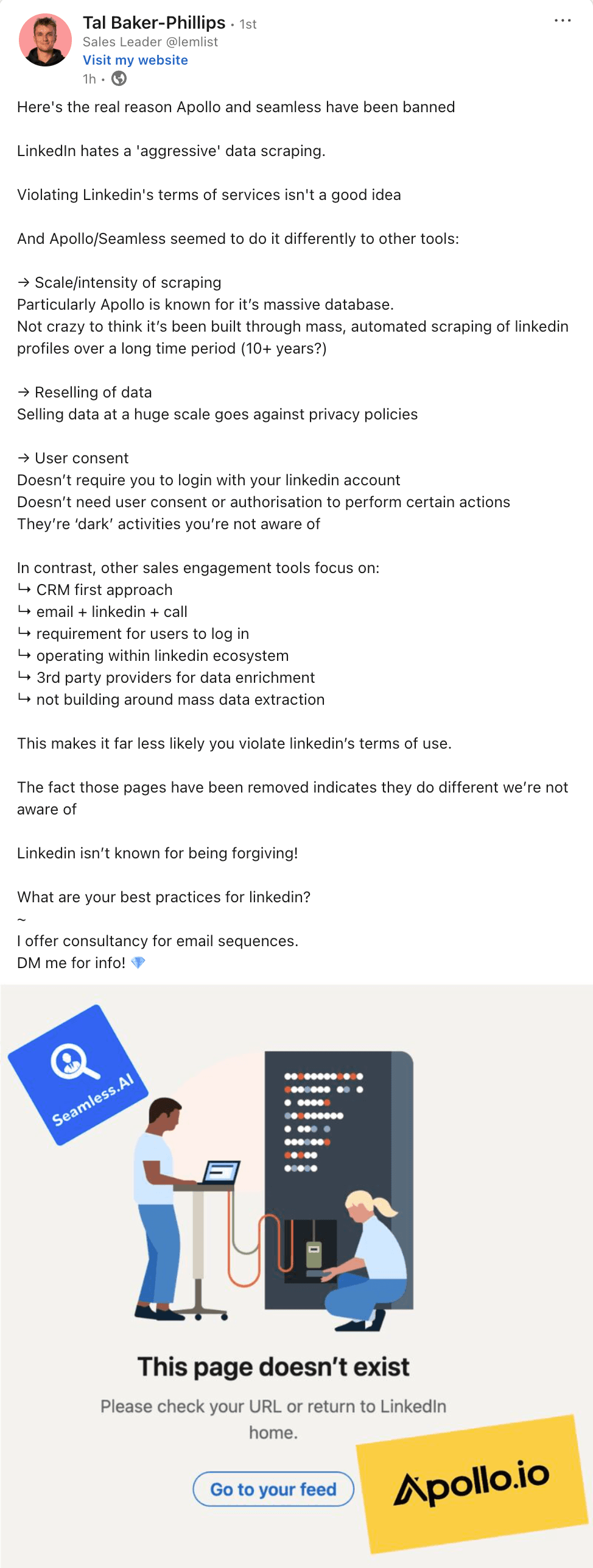 LinkedIn post by Tal Baker-Phillips from lemlist sharing perspective on Apollo ban