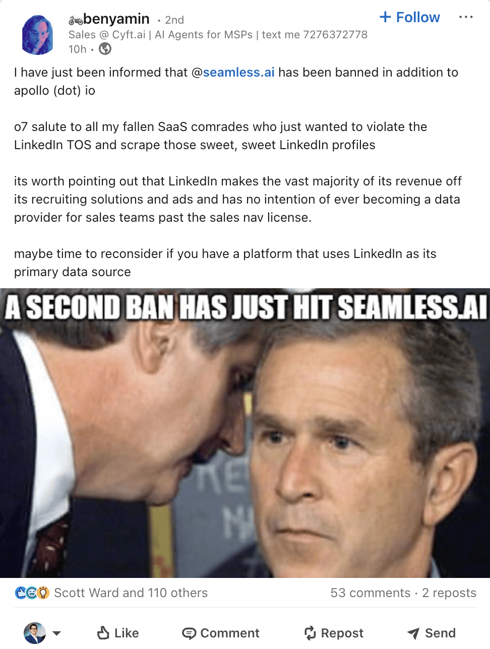 LinkedIn post by Benyamin Holley reacting to Apollo and Seamless.AI brand pages being removed from LinkedIn