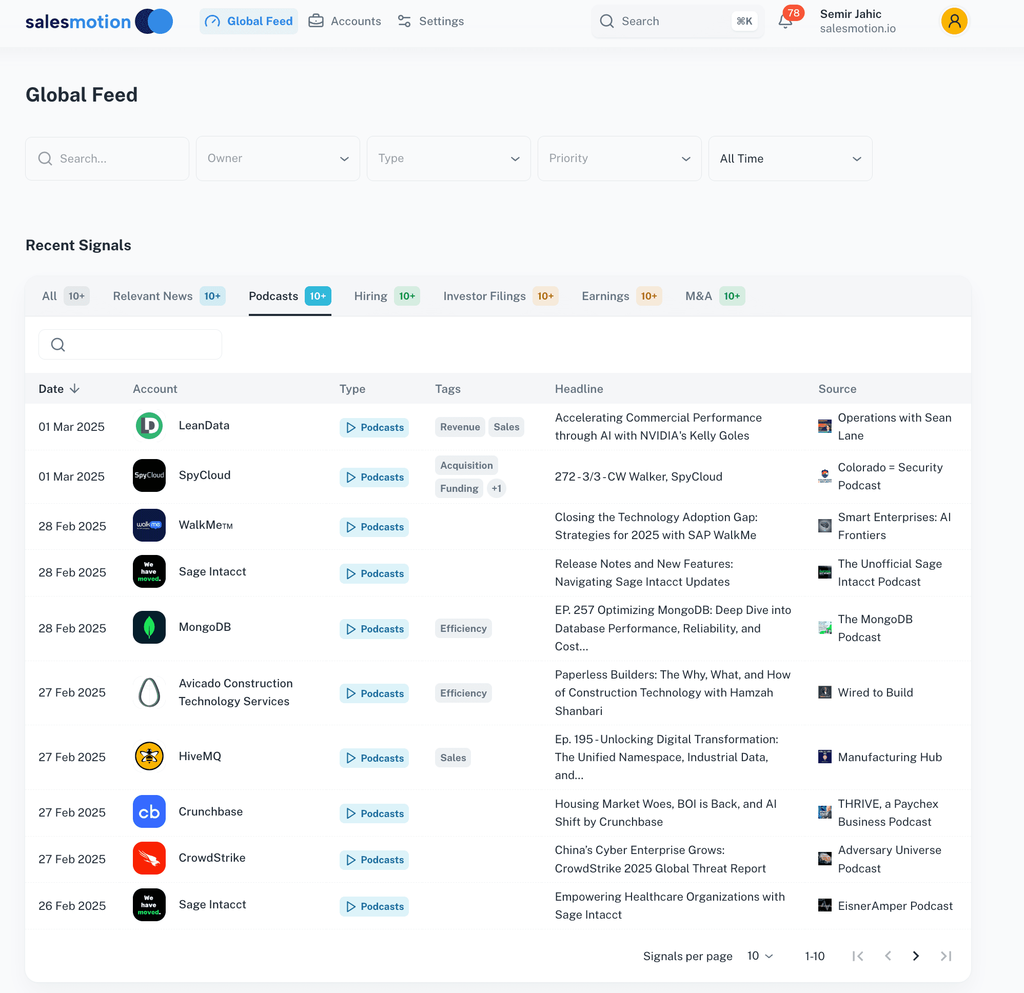 Salesmotion platform interface showing deep account intelligence and personalized outreach