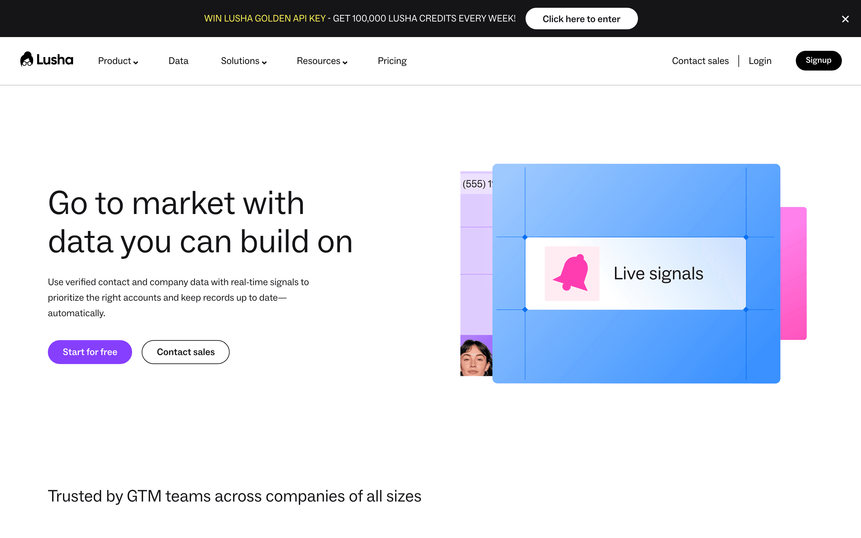Lusha homepage showing verified contact data with live signals product preview