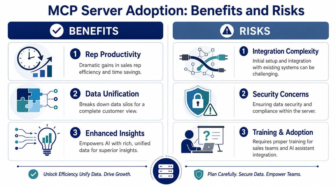 An infographic detailing the benefits and risks of MCP server adoption for enhancing sales productivity and data integration.