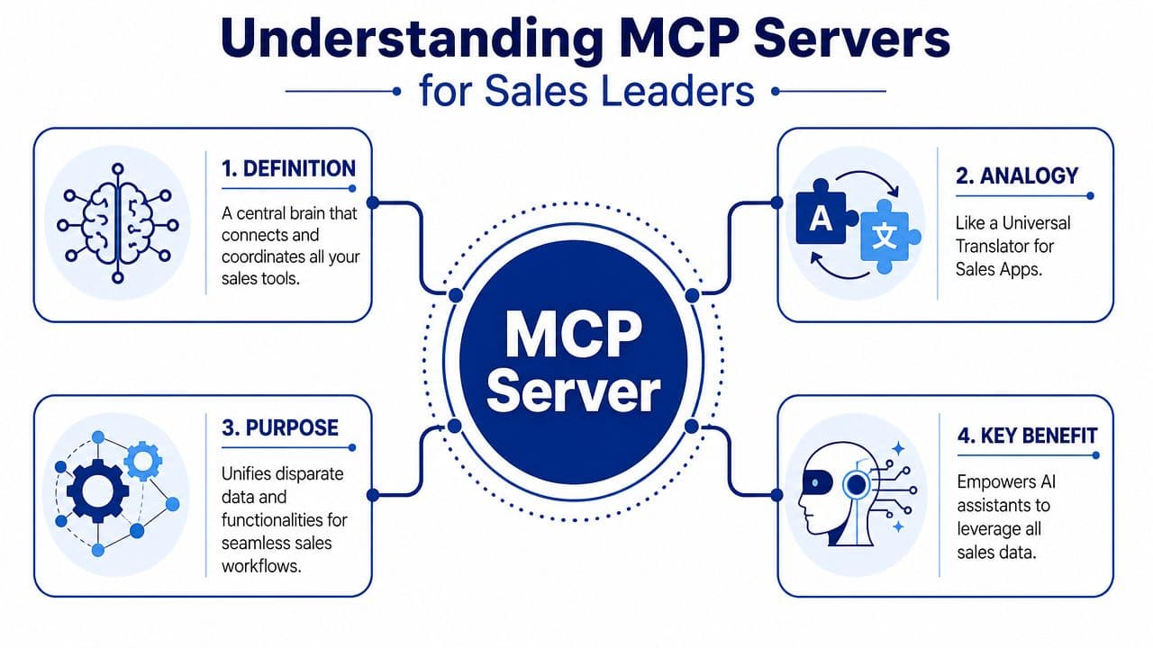 A diagram explaining MCP servers as a central hub connecting and coordinating various sales tools and data.