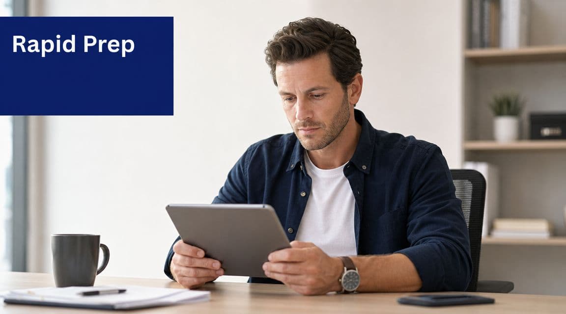 A professional man sitting at a desk and reviewing documents on a tablet computer in an office.