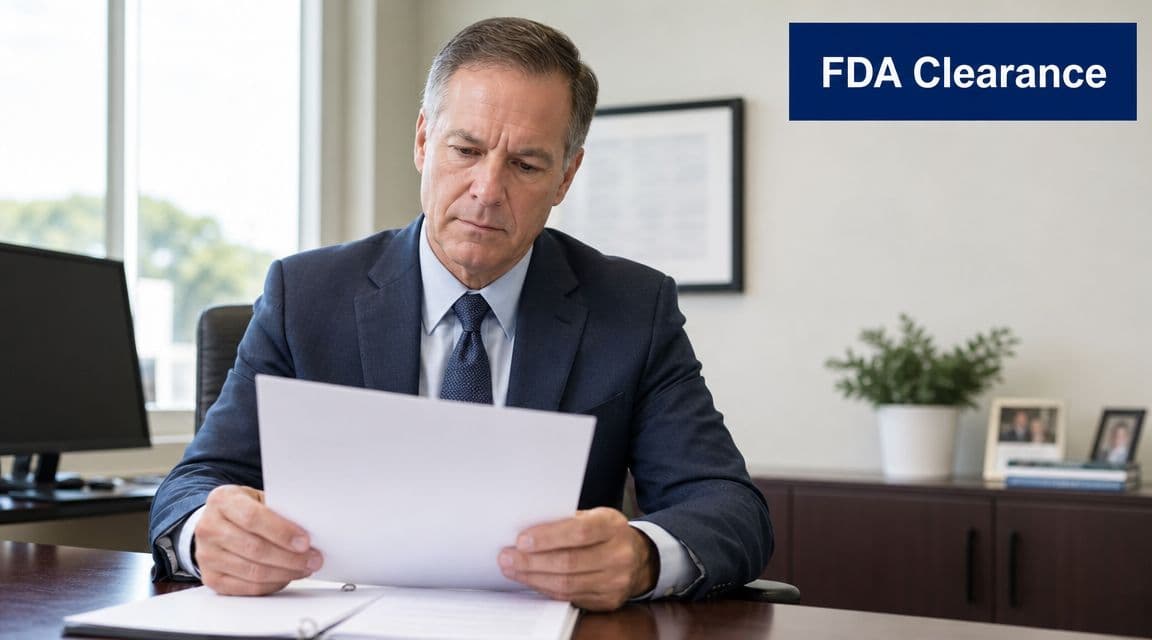 A professional man in a business suit reviewing paperwork in a well-lit office setting.