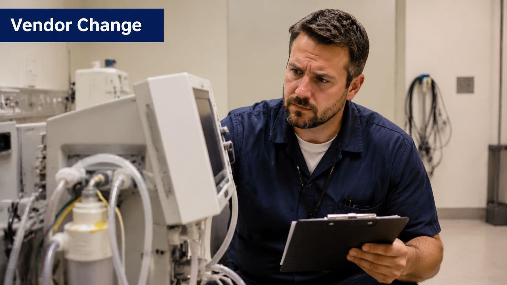 A professional technician carefully inspects a piece of medical equipment while holding a clipboard in a hospital.