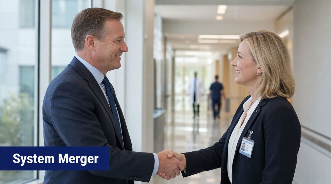 A professional man and woman in business attire shaking hands in a bright hospital hallway setting.