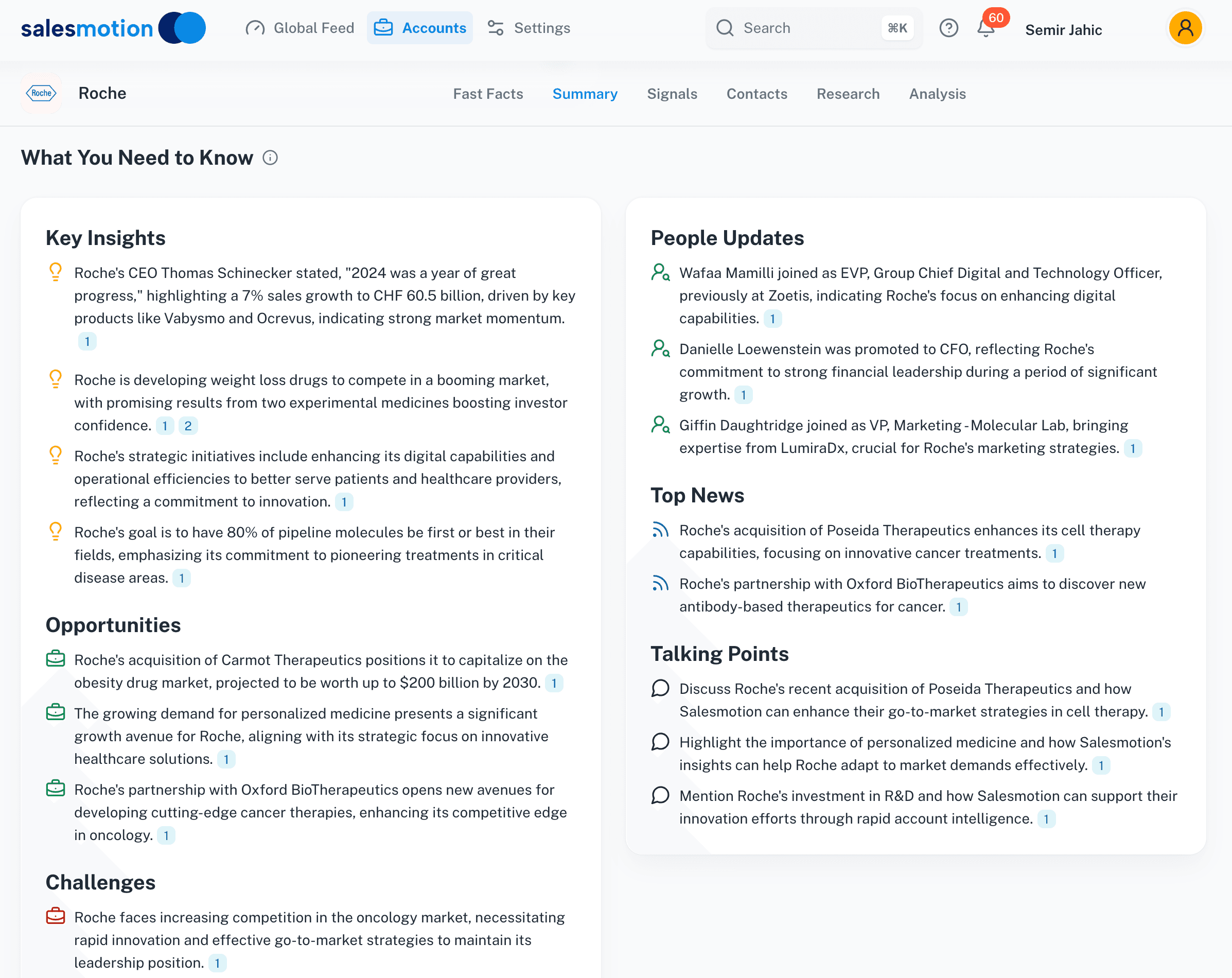Salesmotion account summary view showing strategic insights and stakeholder mapping for an account