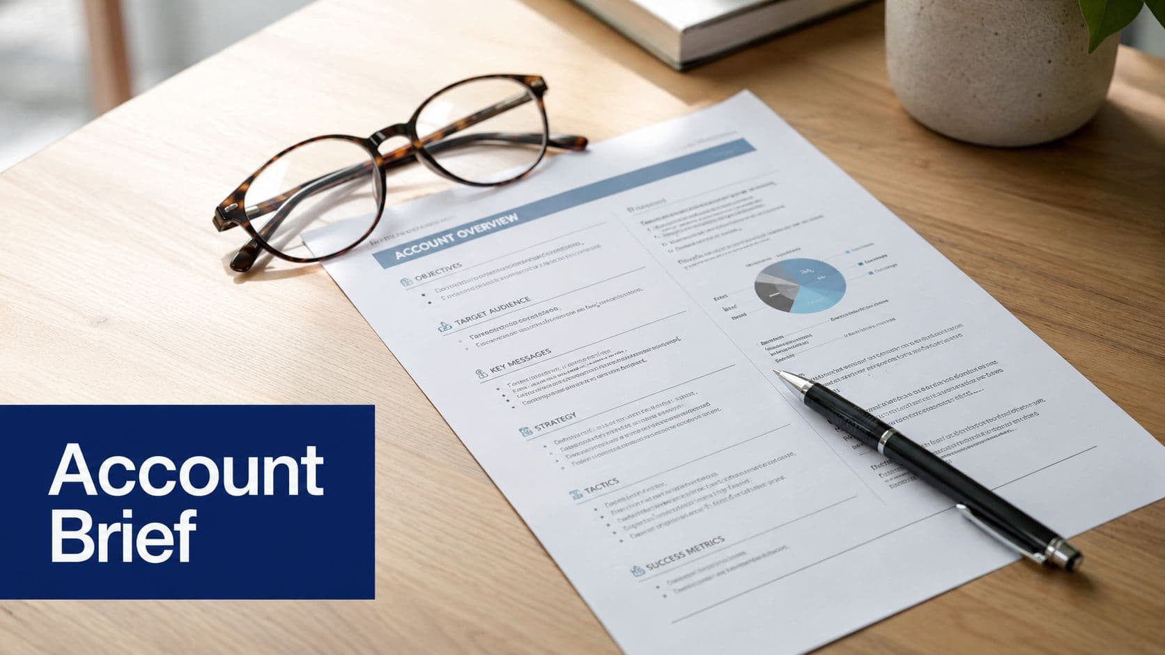 A professional desk workspace featuring an account brief document, reading glasses, and a black pen.